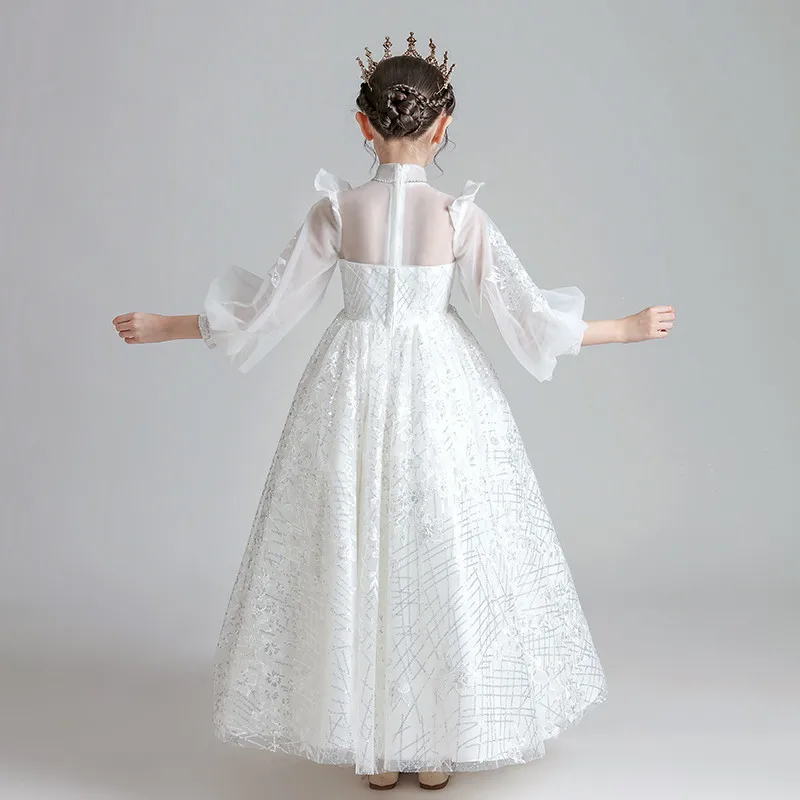 

Children Girls Pure White Luxury Sequined Lace Birthday Evening Party Wedding Dress Kids Ball Gown Performance Costume Dresses