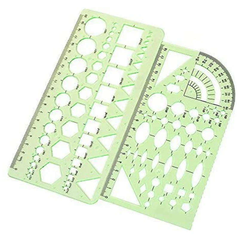 

2PCS Plastic Green Measuring Templates Geometric Rulers for Office and School, Building Formwork, Drawings Templates