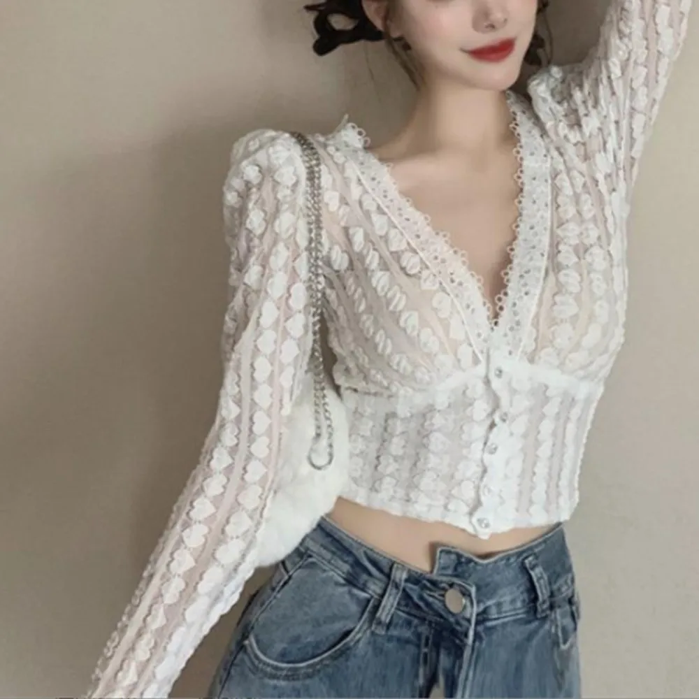 

Woman Lace Single Breasted Cardigan Jacquard Elegant All Match Office Lady Blouse Casual All Match Loose Style
