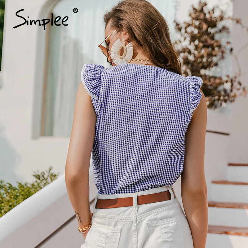Рубашка Simplee Женская Повседневная в клетку без рукавов с оборками и круглым