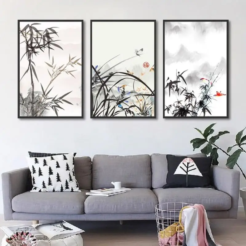 

Chinese Ink Painting Style Bamboo And Orchid Beautiful mountain View Painting Canvas Picture Home Wall Art Decoration Custom