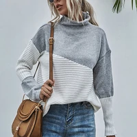 women turtlenck sweater pullover autumn winter contrast color long sleeve knitted tops female loose jumper women clothes