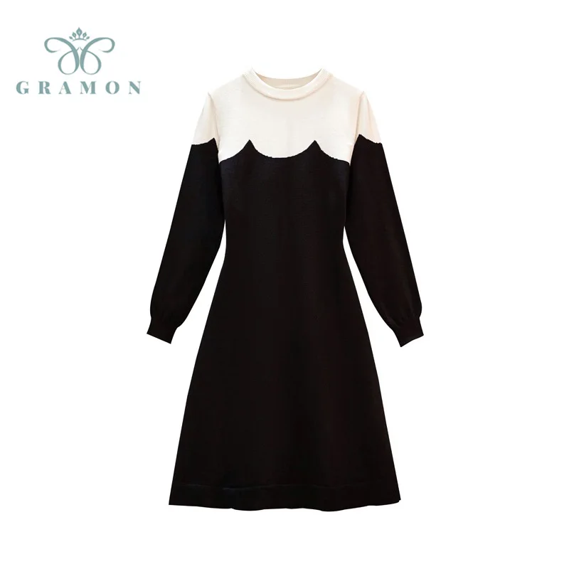 

Plus Size Women Dresses 2021 Autumn New O-Neck Lantern Long Sleeve Contrast Color Chic Simplicity Korean Vintage Knit Vestidos