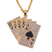 new alloy full rhinestone hip hop playing cards straight flush mens and womens necklaces pendants fashion jewelry wholesale