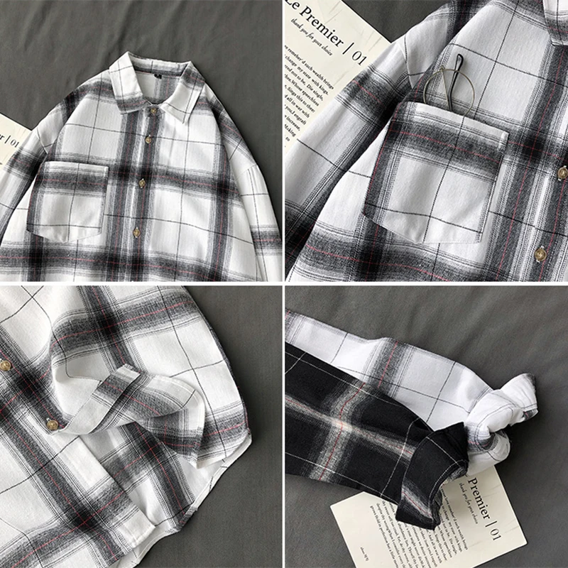 Рубашка мужская повседневная в клетку черная/белая оверсайз с длинным рукавом