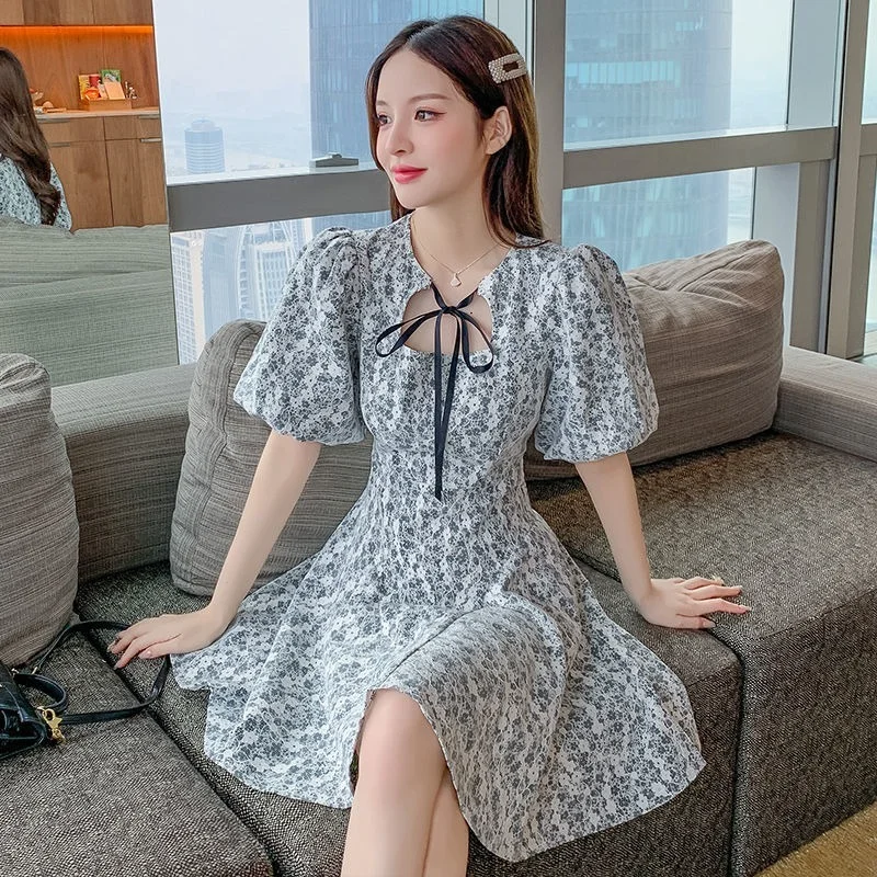 

Korea Elegant Vingate Dress Female 2021 Summer Women Bandage Design Floral Dress Office Lady Puff Sleeve Sweet Party Beach Dress