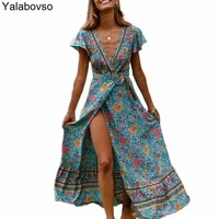 good quality rayon printed floral oversized dress sexy v neck long dress short sleeve beach clothes female side slit clothes