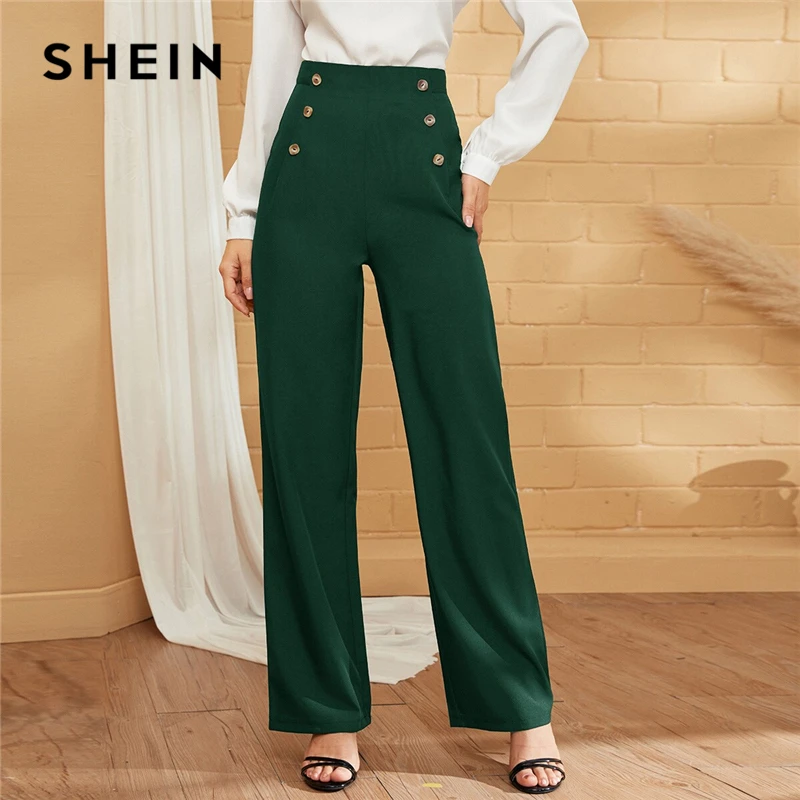SHEIN Green двубортные прямые однотонные длинные брюки женские осенние с высокой талией прямые элегантные офисные платья Брюки