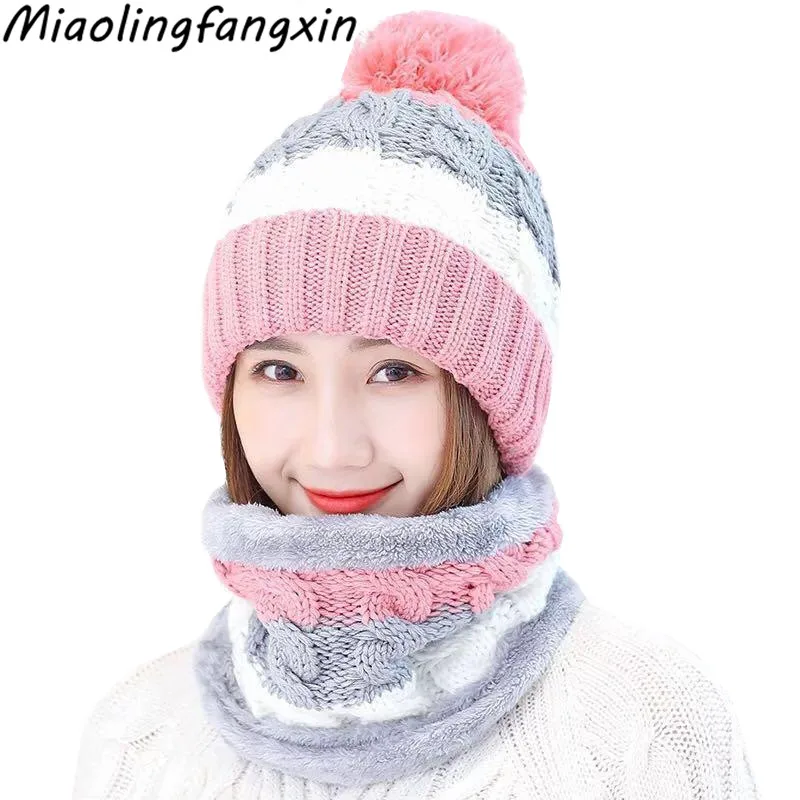 Fashion Winter Hat Scarf Set For Women Girl Warm Beanies Cap Lady Ring Scarf Pompoms Winter Hats Knitted Caps Scarf 2 Pieces
