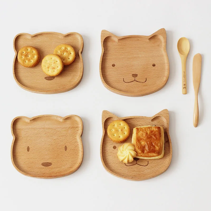 

Wood Plate Cute Cat Bear Solid Wood Fruit Dishes Saucer Tea Tray Dessert Dinner Plate Tableware Child Baby Serving Wood Plate