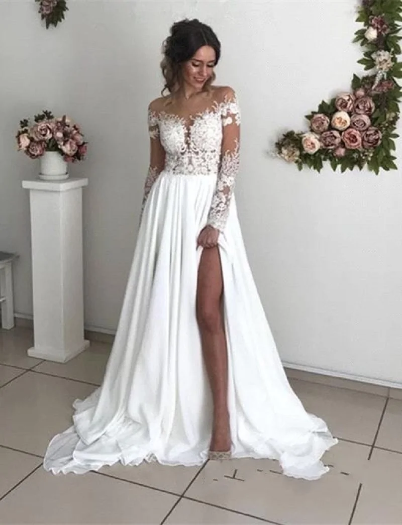 

2021 Long Sleeves A-line Split Lace Slit Wedding Dress Chiffon Dubai Arabic Simple Boho Long Vestido De Noiva Bridal Dresses