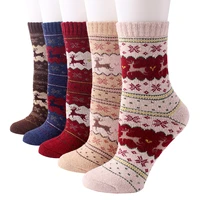 women winter socks 5 pairs thick knit wool soft warm elk patterns vintage style colorful socks for women free size