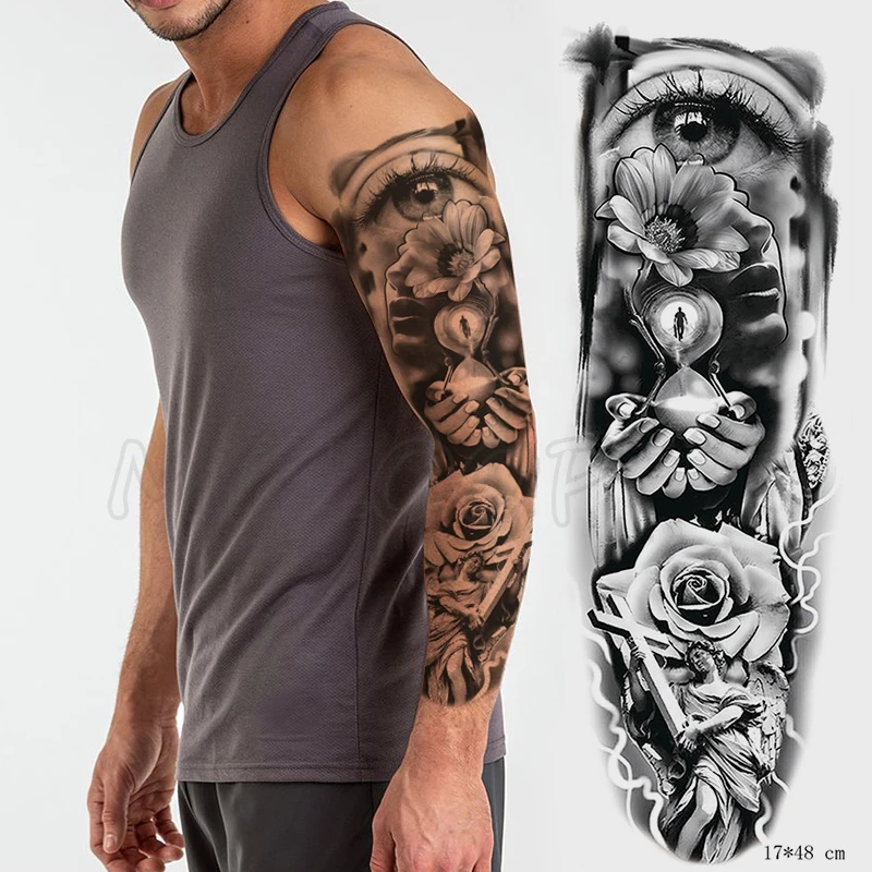 Тату-наклейка временные полные руки римские часы искусственный цветок