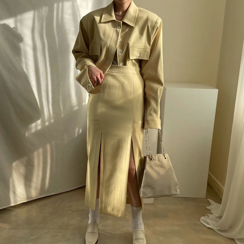 

Vintage Office Lady Two Piece Sets Loose Long Sleeve Tops and High Waist Sexy Split Long Skirt Elegant Korean Fashion Suits