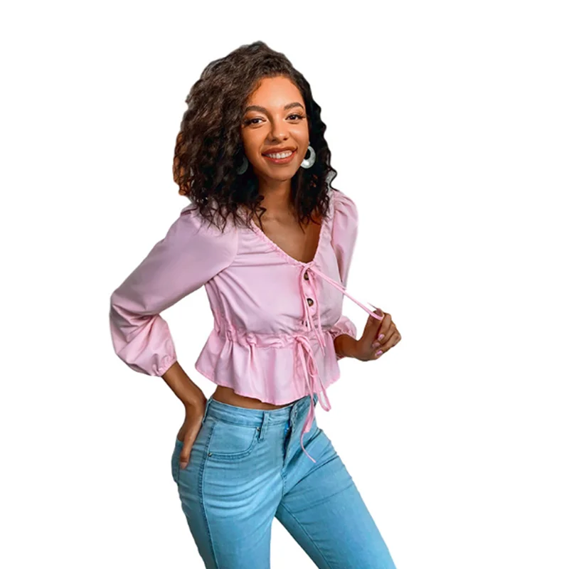

2020 new fashion women's Fall blouse casual short cropped cross-border round neck slim-fit blouse