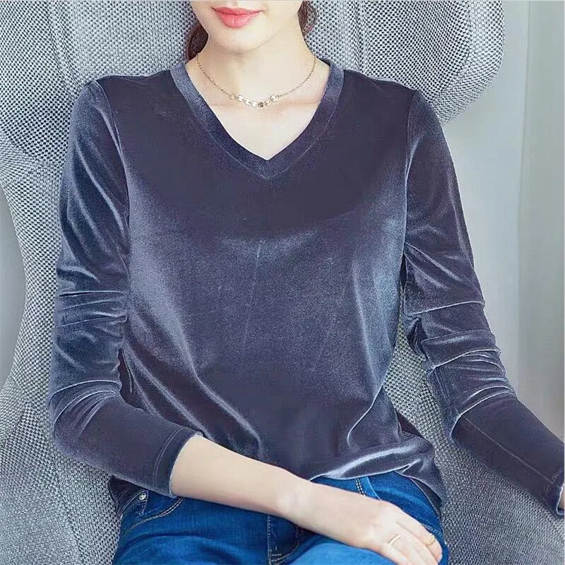 2020 Women New Fashion Solid Color Gold Velvet Tops Vintage Fitted Long Sleeves Ladies Basic Velour Plus Size M-7XL |