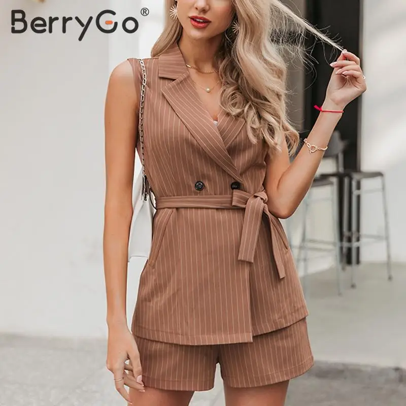 BerryGo Sleeveless two piece set women blazer vest Striped sash belt female suit outfit 2020 Spring summer shorts two-piece | Женская