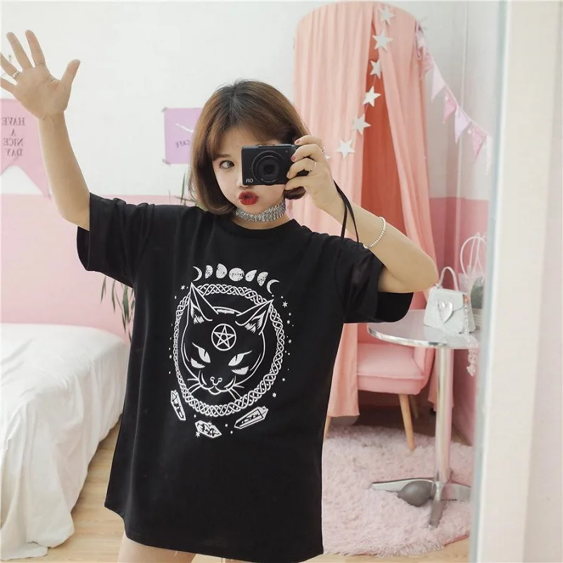 

Sumeer Short Sleeve Tops 3 O- Neck Lady T-shirt Magic Cat Harajuku Cute Print Loose Pule Size Women Tees High Street Female