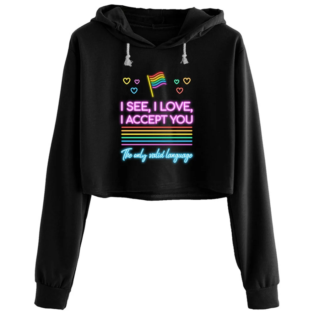

I See I Love You I Accept You Crop Hoodies Women Korean Y2k Kawaii Goth Pullover For Girls