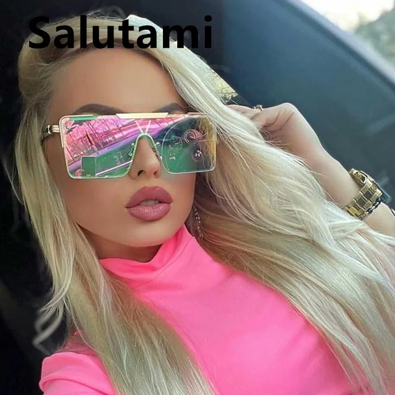 

2021 New Fashion Brand One Pice Square Sunglasses For Women Vintage Alloy Oversized Flat Sun Glasses Men Retro Green Pink Shades