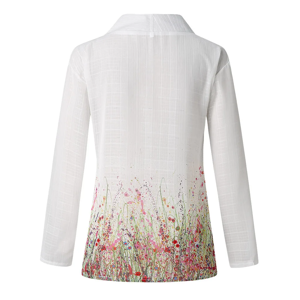 Женская льняная блузка с длинным рукавом V образным вырезом и цветочным