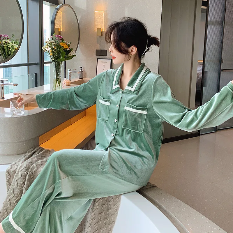 Gold Velvet Pajamas Sets for Women Autumn and Winter Hot Sale Plush Homewear Sleepwear Women's Trouser Pajamas Home Suit пижама