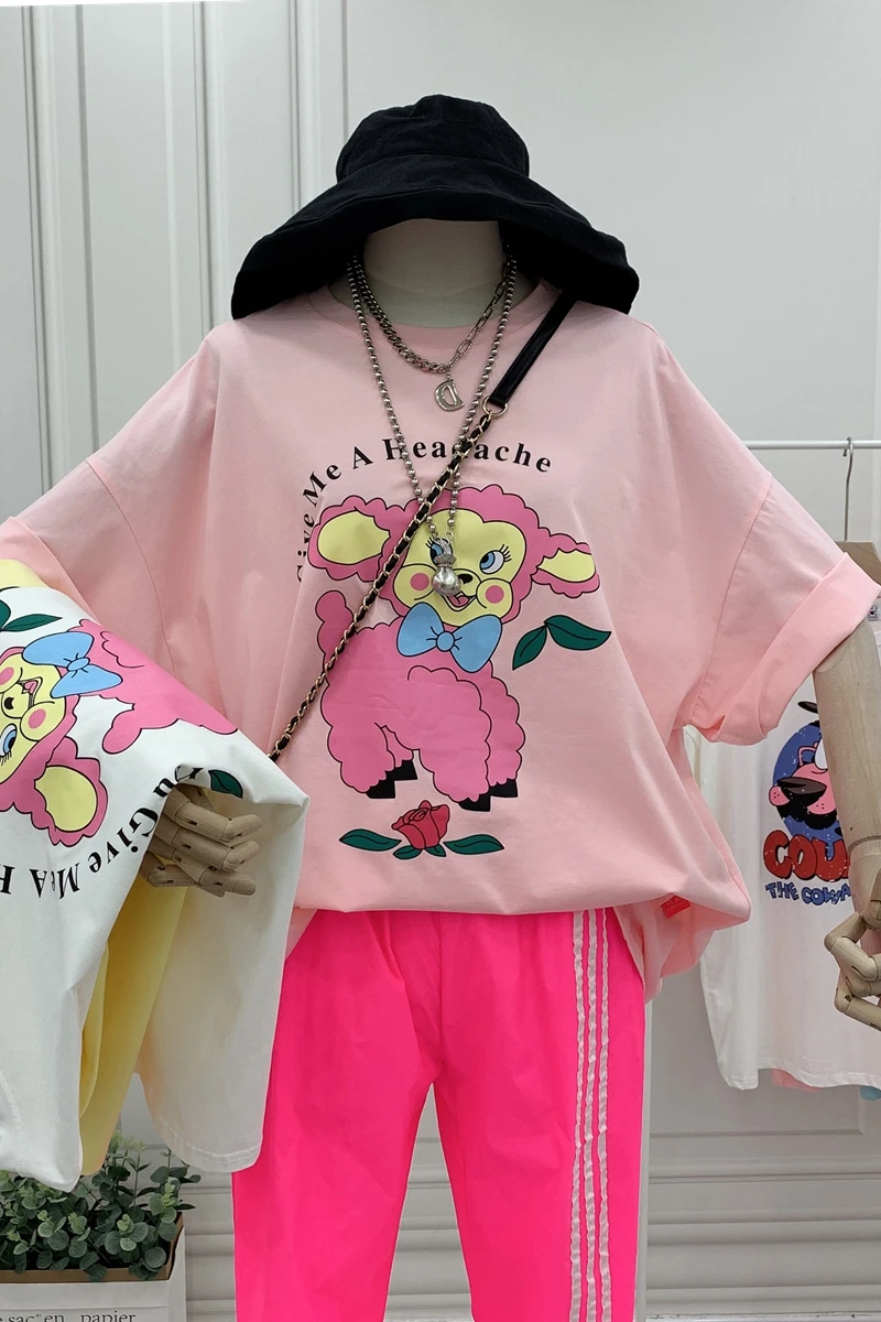 

Cartoon Printed Short-Sleeved T-shirt Women's Large Size Loose Mid-Length Cotton Cute Women Clothes Tops Graphic Tee