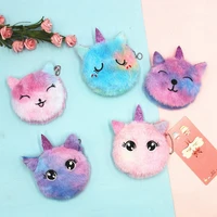cartoon plush unicorn coin purse cute cat fur circle wallet girl clutch embroidered bag key earphone organizer pouch kids gift