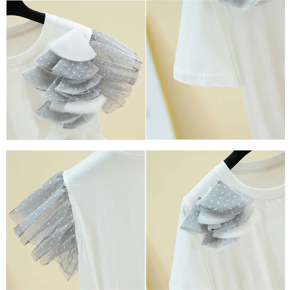 

Fashion Mesh Appliques Patchwork Dot Cotton Short Sleeve T Shirt Woman Elegant Loose Baggy S-XL Tops Summer Clothes For Women