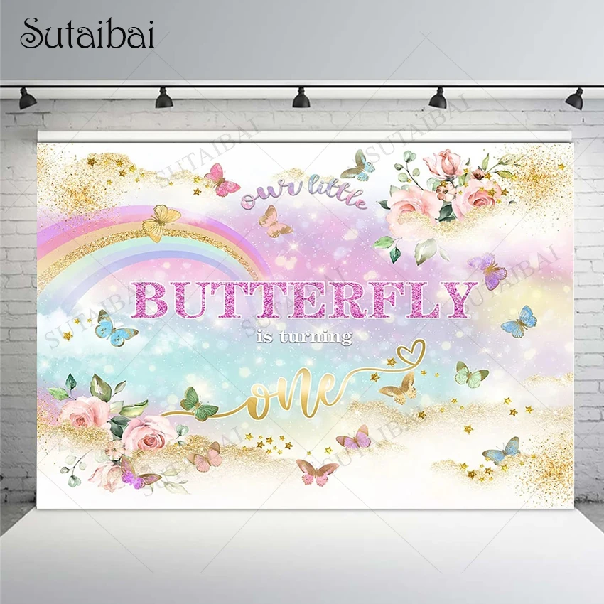 

Glitter Gold Rainbow Girl 1st Birthday Party Backdrop Pink Flower Butterfly Banner Photography Background Bokeh Photostudio
