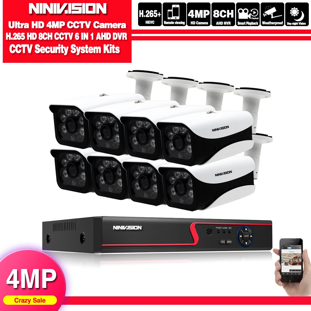 

NINIVISION HD CCTV System 4MP 8CH AHD DVR Kit 8PCS 4.0mp 2560*1440 6PCS Array LEDS Security Camera Outdoor Surveillance Kit