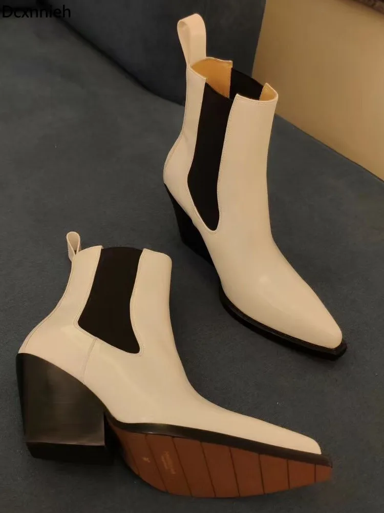 

Winter Pointed Toe Wedges Heels Ankle Boots Women Black Genuine Leather Chelsea Boots Woman Slip On Knight Boots Woman 2020