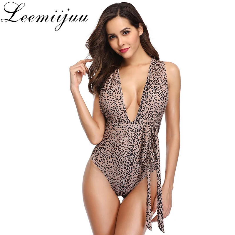 

LEEMIIJUU One Piece Suit Women Leopard Print Monokini Halter Bandage Swimsuit Backless Swimwear Push Up V Neck Beach Bodysuit