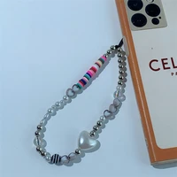 fashion white heart shaped imitation pearl mobile phone chain color soft ceramic striped beads womens telephone lanyard jewelry