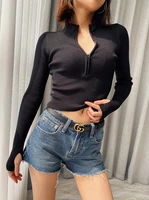 spring new street high necked zipper knitted long sleeved sweater women solid color skinny slim sexy sweater women