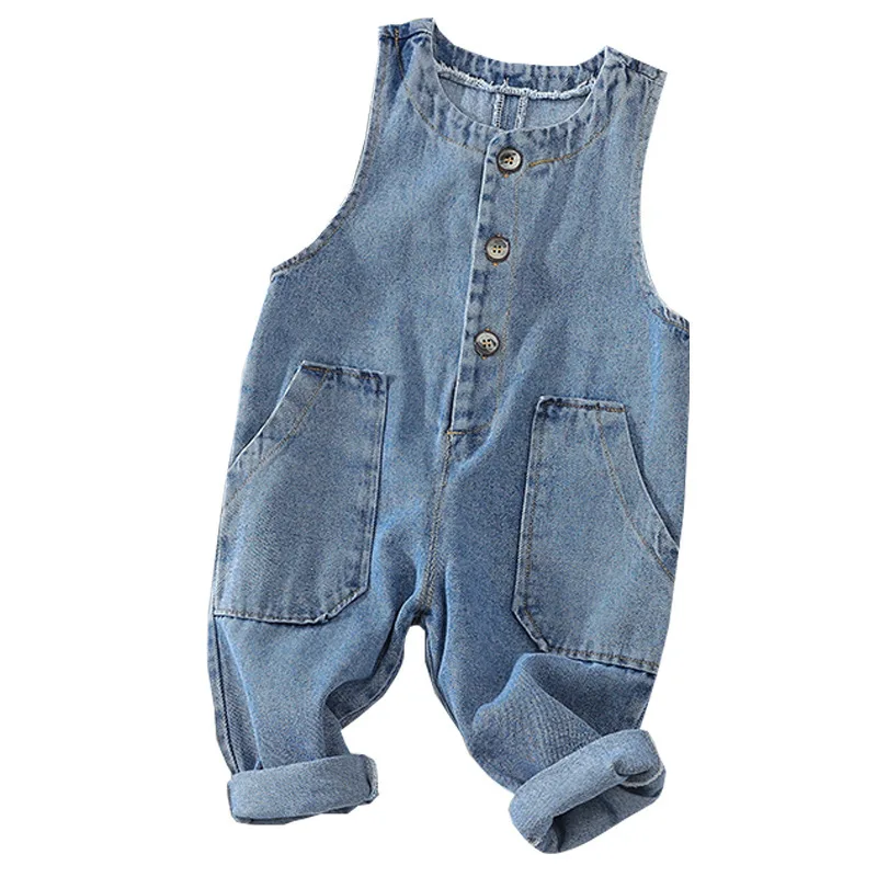 Однотонный джинсовый комбинезон для девочек и мальчиков Детские повседневные