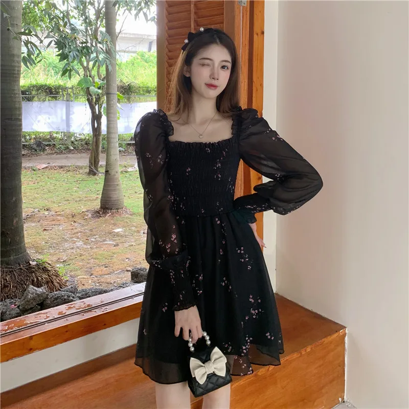 

2021 Autumn Womens Sexy Black Dress Vintage Flower Long Puff Sleeve Chiffon Dresses Korean Casual Mini Vestidos Mujer Clothes