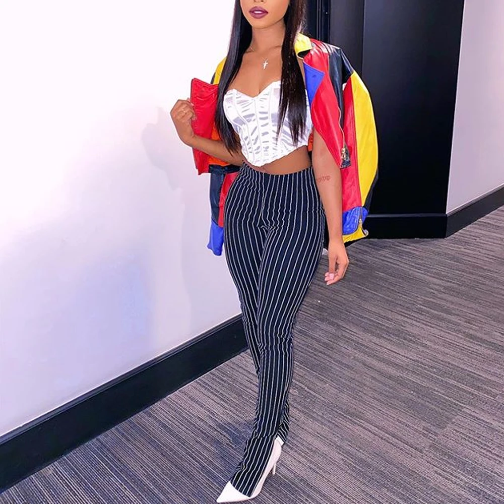 Новинка 2020 брюки KGFIGU в черно белую полоску женские облегающие леггинсы с