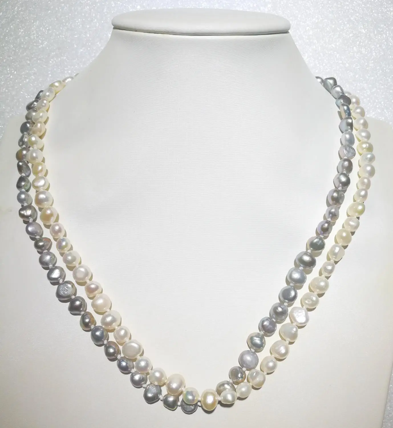 

2 ряда 9 мм белый серый жемчуг барокко ожерелье натуральный пресноводный жемчуг женские ювелирные изделия 35 см-43 см 15-17 дюймов
