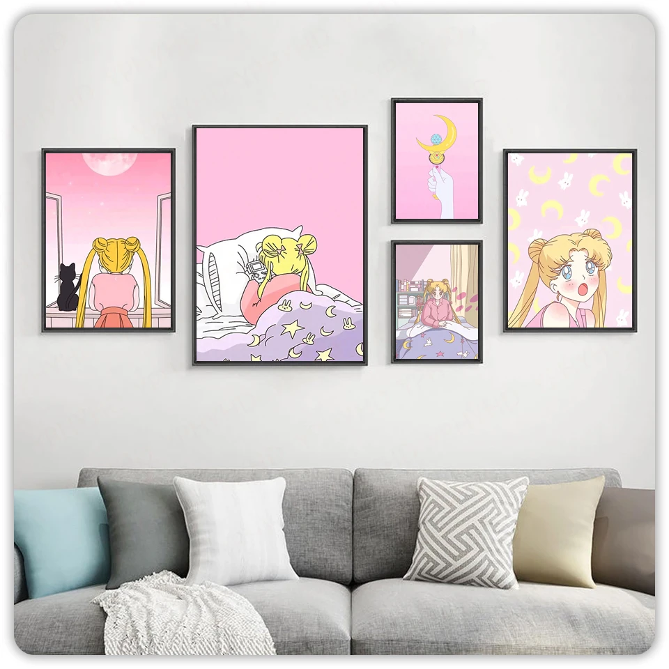

Nordic Wall Art Anime Poster Sailor Moon Pictures Modern Printed Pink Theme Modular For Living Room Home Decor Canvas Paintings