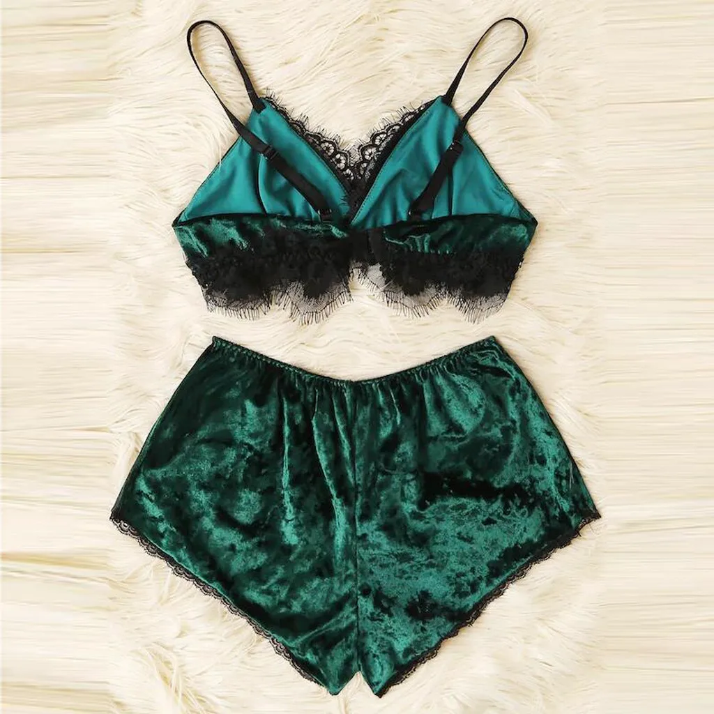 Женские привлекательные пижамные комплекты зеленая бархатная майка кружевной