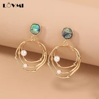 lovmi trendy women hanging drop earring with natural abalone shell multilayers oval earring hooks jewelry wholesales for gift