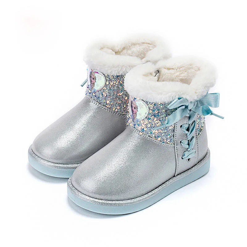 

Disney Cartoon Frozen Princess Winter Girls Snow Boots Bowknot Sequin Crystal Princess Cotton Shoes Thicken Warm Girl Boots
