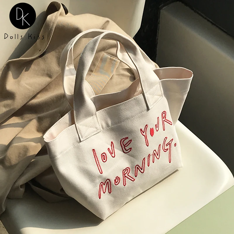 

New Ladies Canvas Small Handbag Female Retro Love You Letter Printing Picnic Bag Women Mobile Phone Bag Cute Purses for Girls