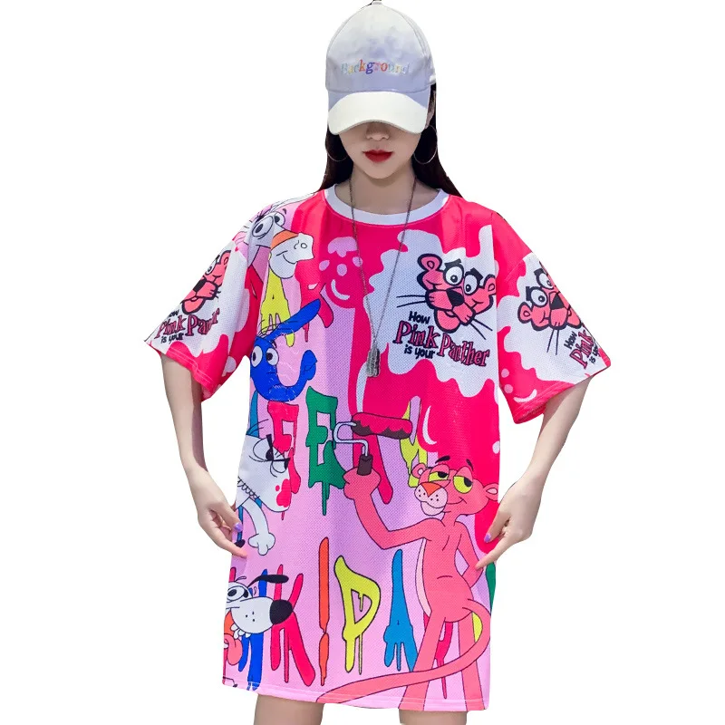 

Cartoon anime print Harajuku loose large size mid-length T-shirt summer casual fashion net yarn ice silk top women ins