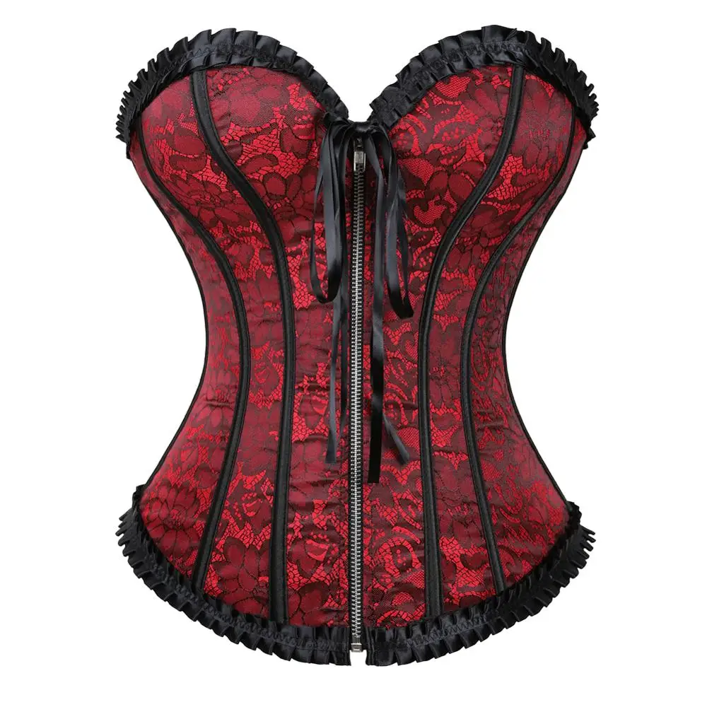 

Women's Corset with Zipper Front Corset Lingerie Basque Plus Size Satin Flower Print Bustier Top Vintage Korsett Exotic Style