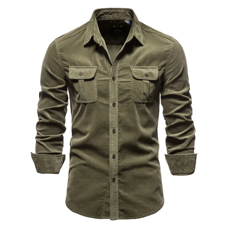 

New Single Breasted 100% Cotton Men's Shirt Business Casual Fashion Solid Color Corduroy Men Shirts Autumn Slim Shirt Men