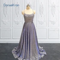shiny blue prom dresses 2022 spaghetti strap sparkle formal dress for party lace up back a line long evening gowns for girls