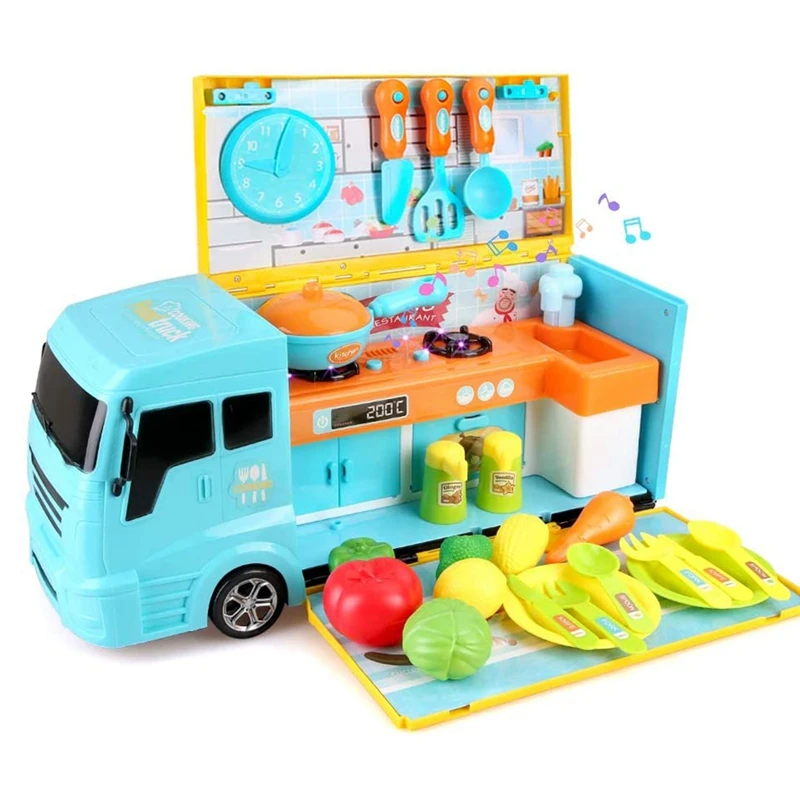 

Food Truck for Kids 2 in 1 Food Toy Kitchen Truck with Cooking Food Lights & Sounds 33 PCS Toy Kitchen Set for Girls
