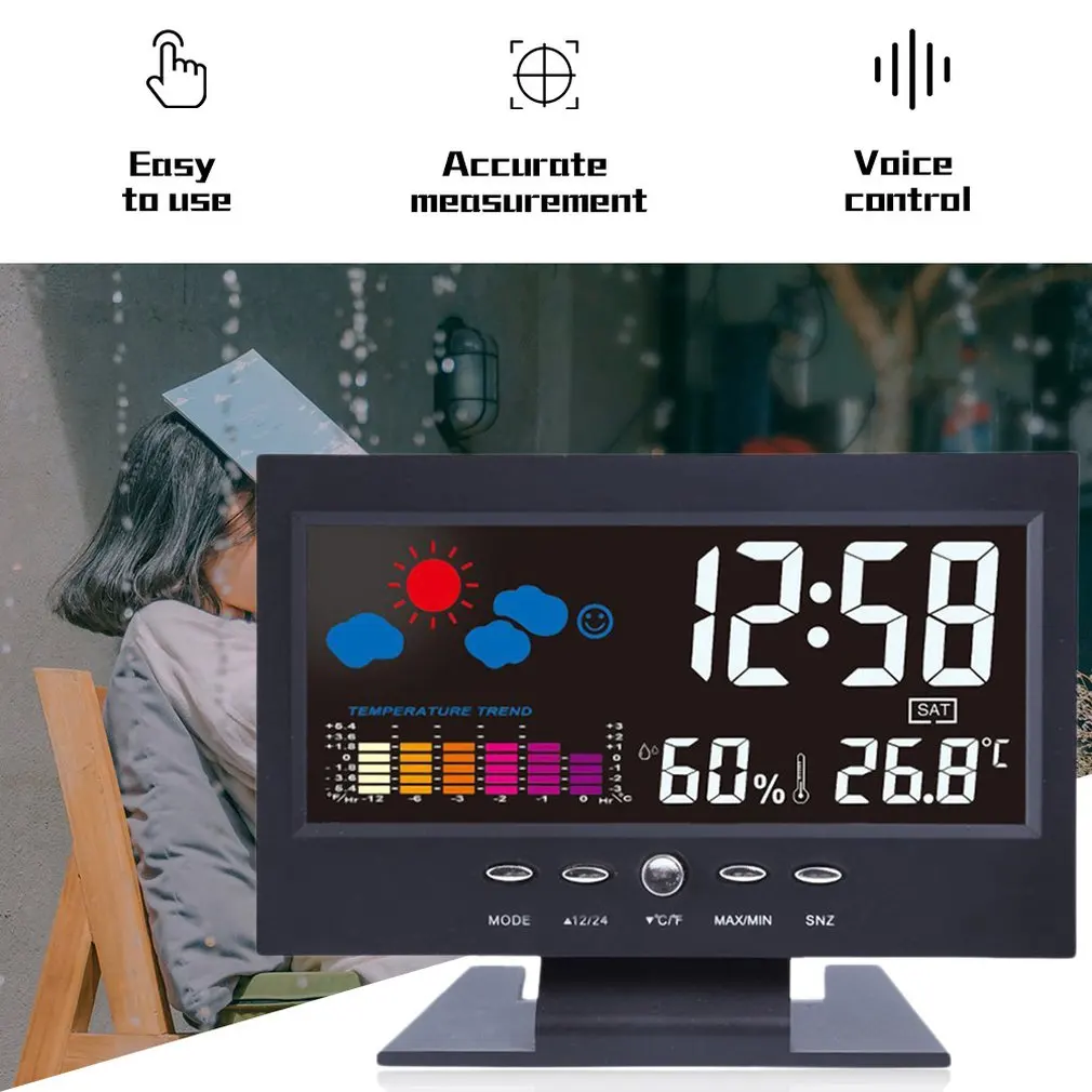 Цифровая метеостанция Термометр Гигрометр с цветным ЖК дисплеем будильником